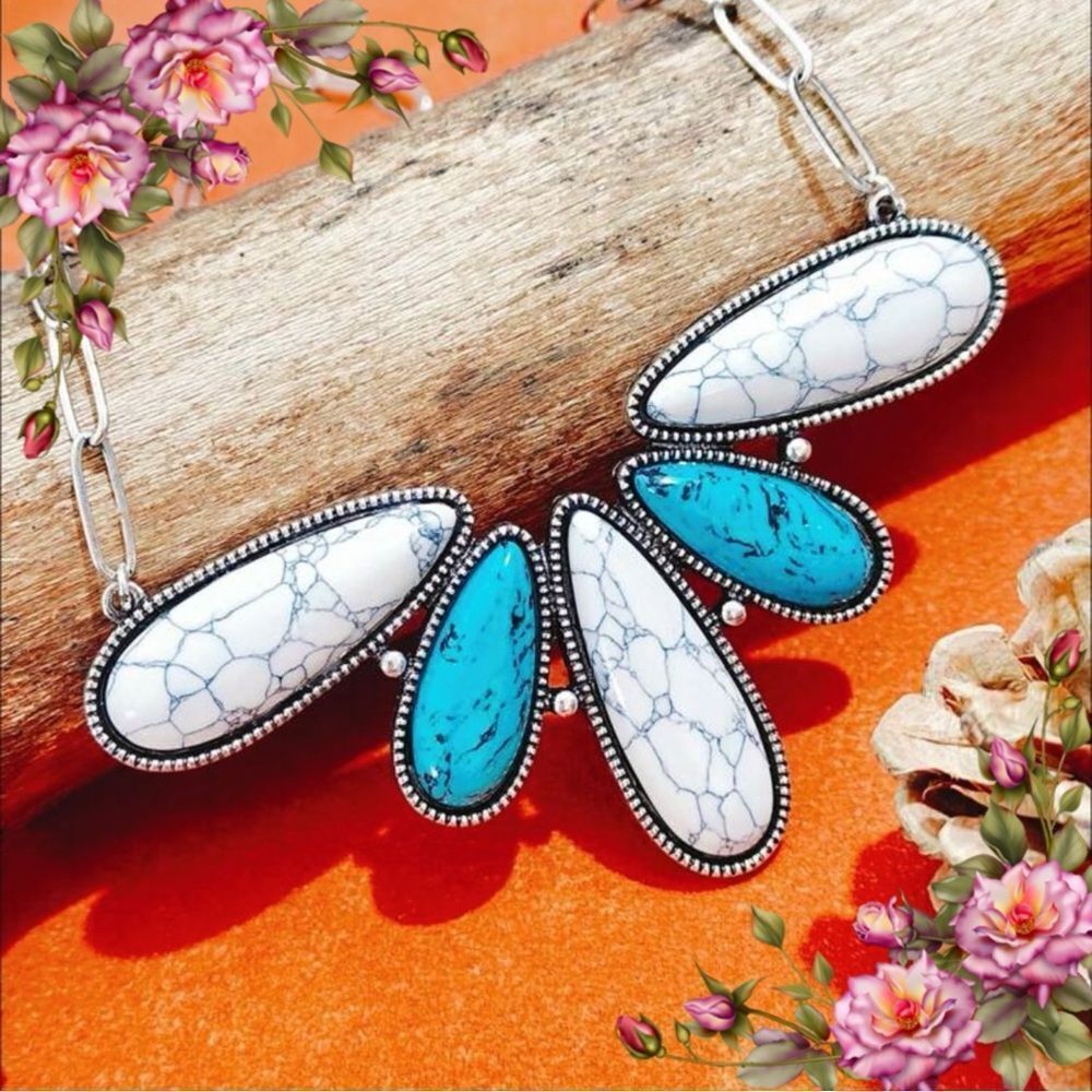 Faux Turquoise & White Marbled Teardrop Statement Necklace - Women Jewelry
